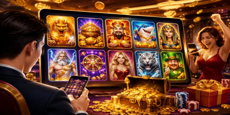 Giao diện phòng chờ nổ hũ online với đa dạng các chủ đề từ thần thoại đến hiện đại.